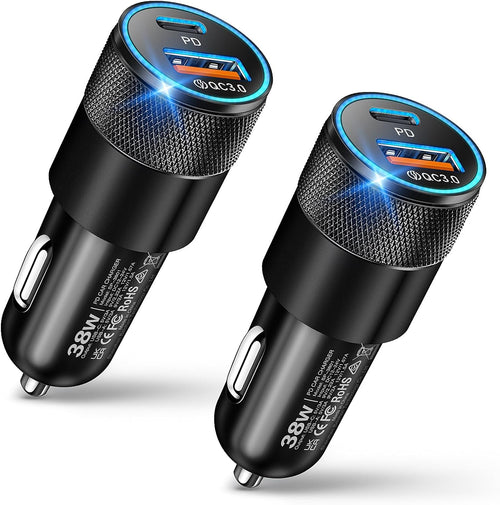 2-Pack Car Charger, 38W Dual Ports USB-C+USB-A Car Charger Adapter